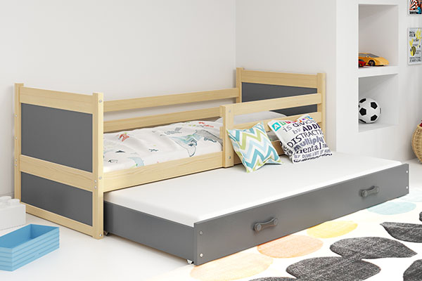 Ausziehbett für Jugendliche Richard, 80x190, mit Matratze und Schublade, Kiefer/grau