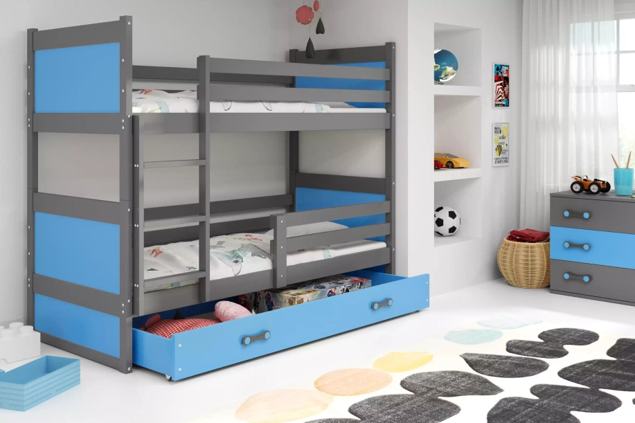 Stockbett für Jugendliche Richard, 90x200, mit Schublade, grau/blau
