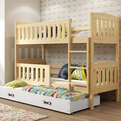 Etagenbett für drei Personen Jakob, 90x190, mit Schublade, Kiefer/weiß