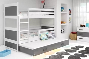Etagenbett für drei Personen Richard, 90x200, mit Schublade, weiß/grau