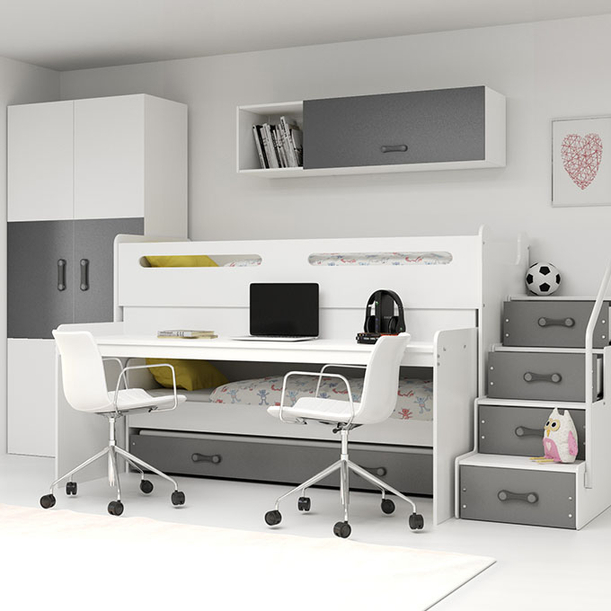 Hochbett für drei Personen Max 1, 80x200, mit Matratze und Schreibtisch, grau