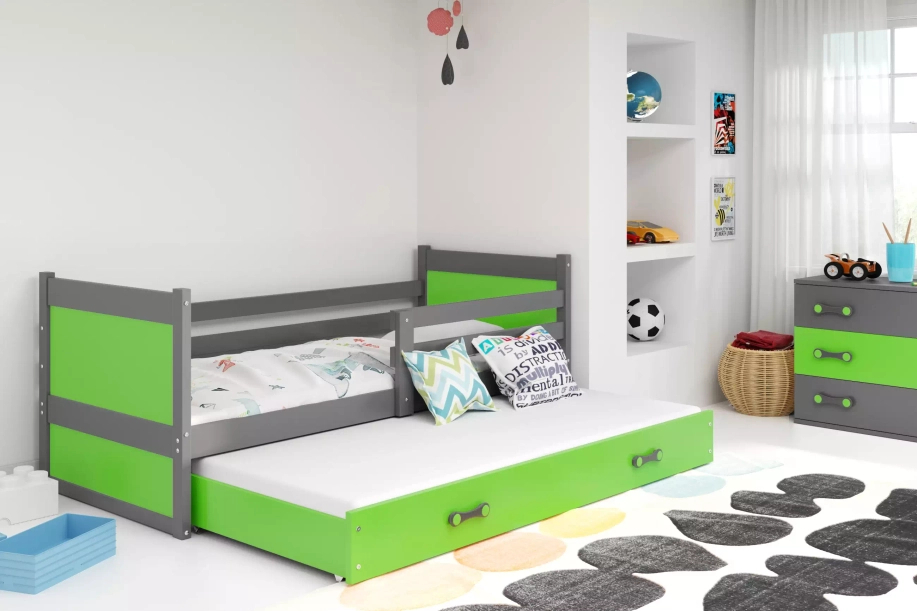 Ausziehbett für Jugendliche Richard, 90x200, mit Schublade, grau/grün