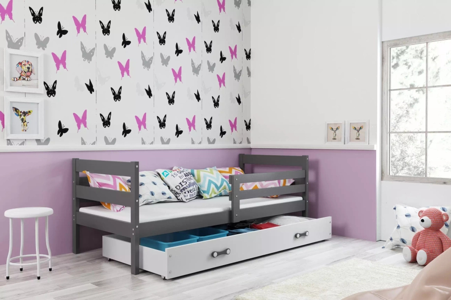 Jugendbett Erik, 90x200, mit Matratze und Schublade, grau/weiß
