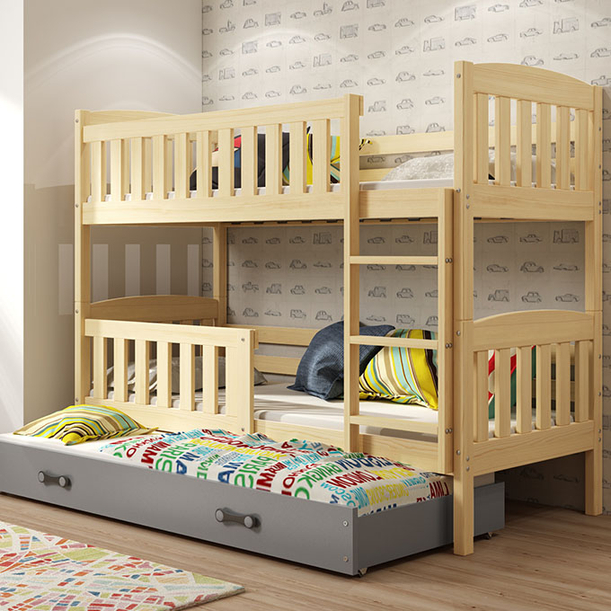 Etagenbett für drei Personen Jakob, 90x190, mit Schublade, Kiefer/grau
