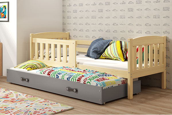 Ausziehbett für Jugendliche Jakob, 80x190, mit Matratze und Schublade, Kiefer/grau