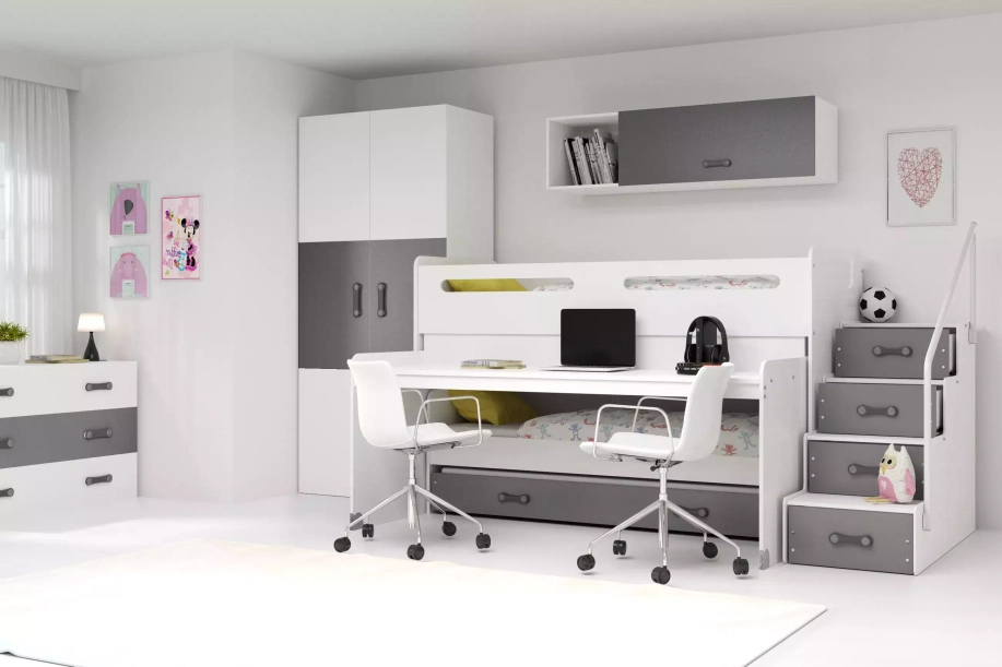 Hochbett für drei Personen Max 1, 80x200, mit Matratze und Schreibtisch, grau
