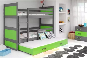 Etagenbett für drei Personen Richard, 90x190, mit Schublade, grau/grün