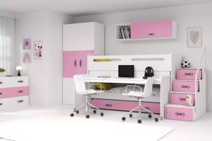 Hochbett für drei Personen Max 1, 80x200, mit Schreibtisch, rosa