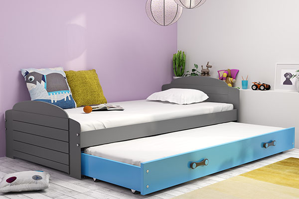 Ausziehbett für Jugendliche Lilly, 90x200, mit Matratze und Schublade, grau/blau