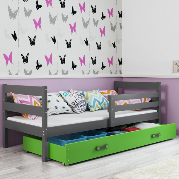Jugendbett Erik, 90x190, mit Matratze und Schublade, grau/grün