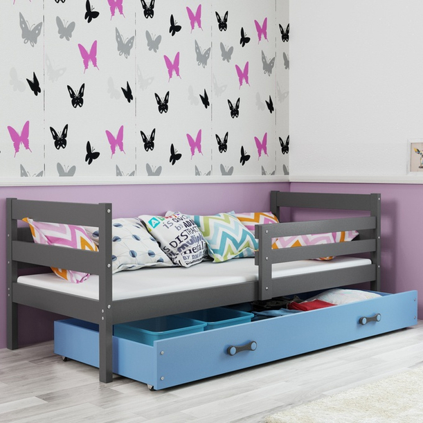 Jugendbett Erik, 90x190, mit Schublade, grau/blau