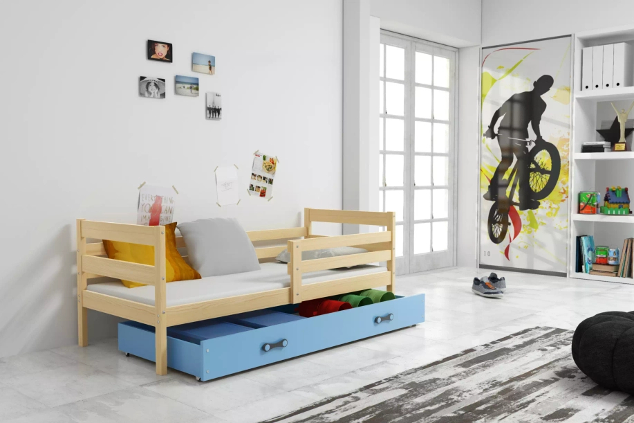 Jugendbett Erik, 80x190, mit Schublade, Kiefer/blau