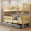 Stockbett für Jugendliche Jakob, 90x200, mit Matratze und Schublade, Kiefer/grau