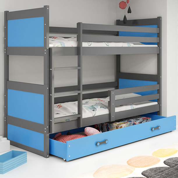 Stockbett für Jugendliche Richard, 90x200, mit Matratze und Schublade, grau/blau