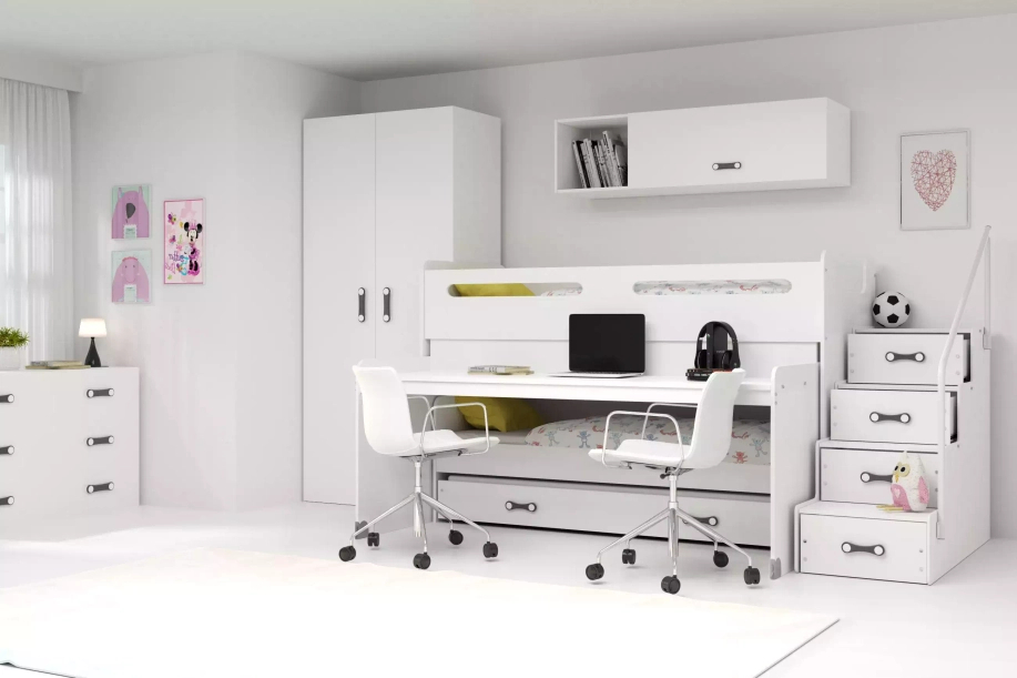 Hochbett für drei Personen Max 1, 80x200, mit Matratze und Schreibtisch, weiß