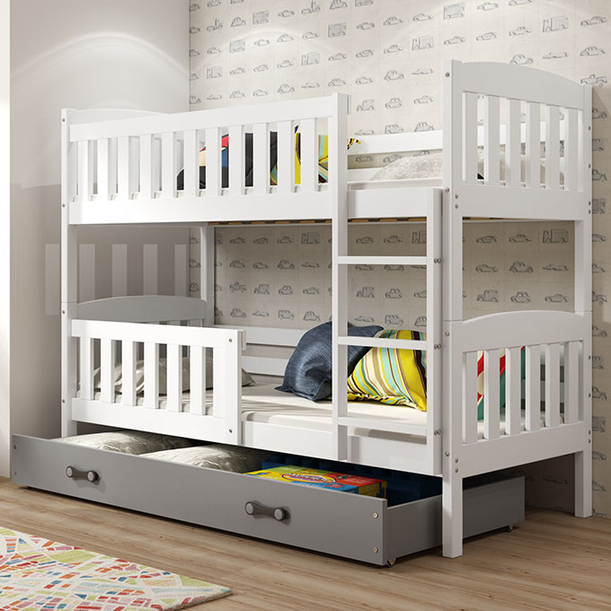 Stockbett für Jugendliche Jakob, 90x190, mit Matratze und Schublade, weiß/grau