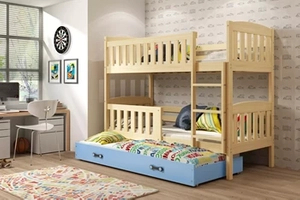 Etagenbett für drei Personen Jakob, 90x200, mit Schublade, Kiefer/blau