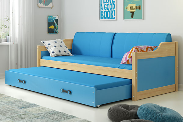Ausziehbett für Jugendliche David, 90x200, mit Matratze und Schublade, Kiefer/blau