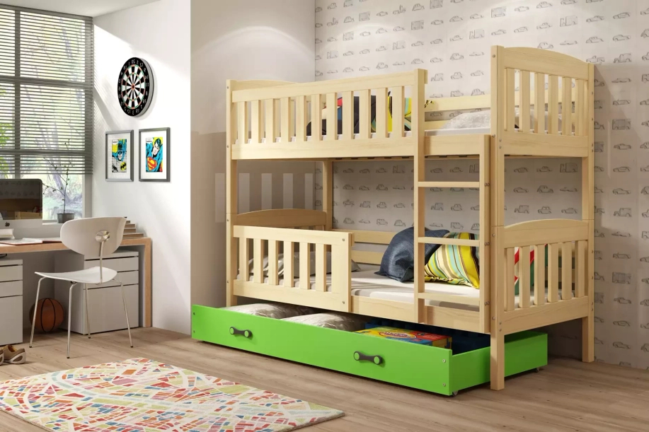 Stockbett für Jugendliche Jakob, 90x190, mit Matratze und Schublade, Kiefer/grün