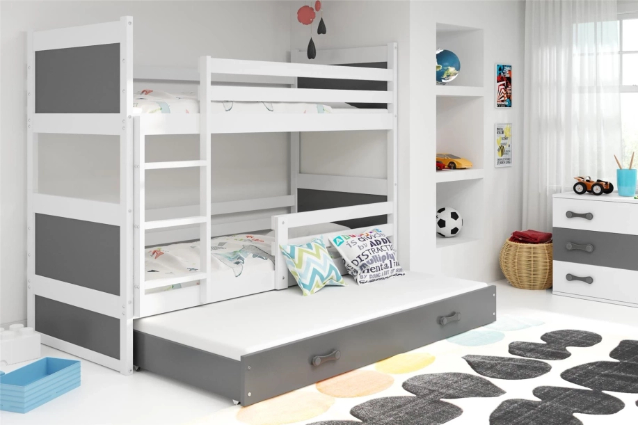 Etagenbett für drei Personen Richard, 90x190, mit Matratze und Schublade, weiß/grau