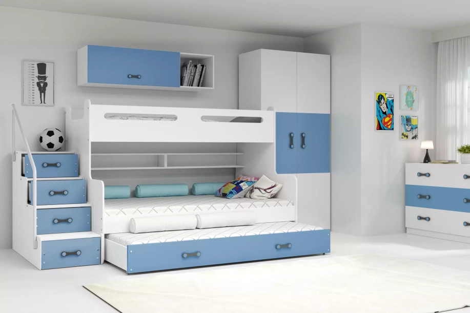 Etagenbett für drei Personen Max 3, 120x200, mit Schublade, blau