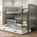 Etagenbett für drei Personen Jakob, 90x190, mit Matratze und Schublade, grau/weiß