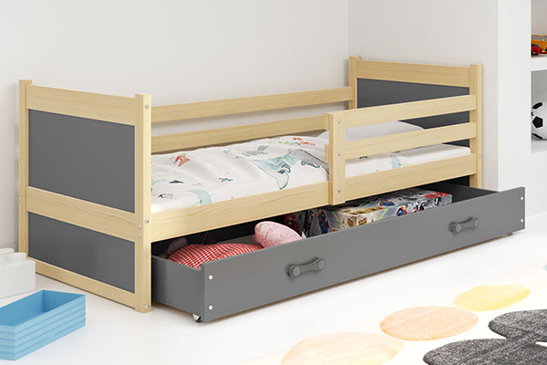 Jugendbett Richard, 80x190, mit Matratze und Schublade, Kiefer/grau
