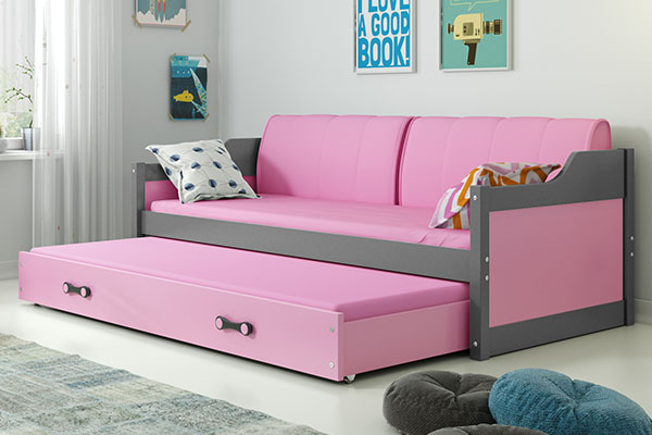 Ausziehbett für Jugendliche David, 90x200, mit Matratze und Schublade, grau/rosa