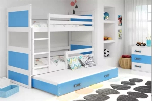 Etagenbett für drei Personen Richard, 90x190, mit Matratze und Schublade, weiß/blau