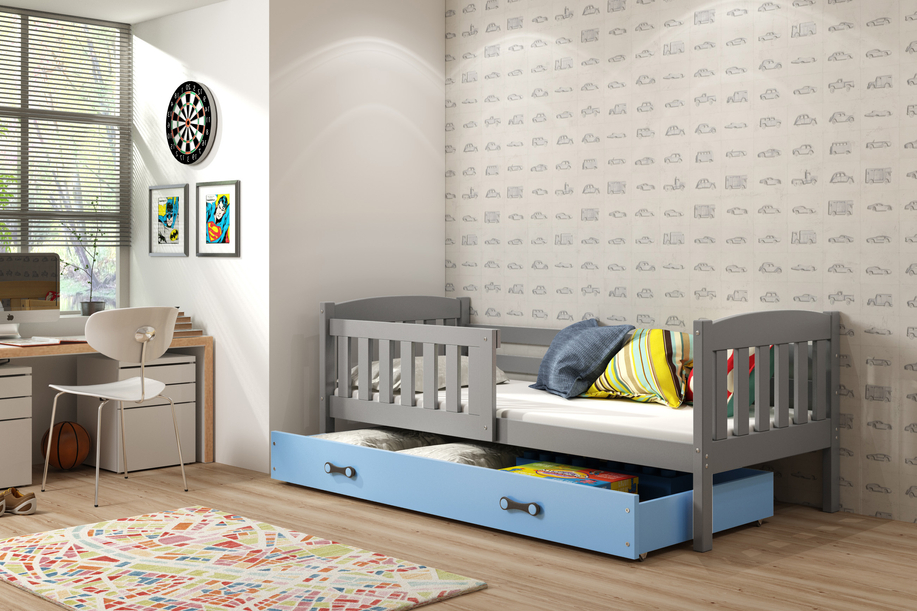 Jugendbett Jakob, 90x200, mit Matratze und Schublade, grau/blau