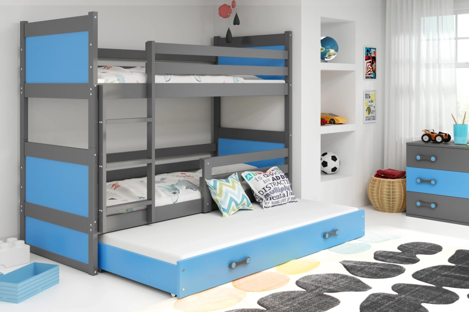 Etagenbett für drei Personen Richard, 90x200, mit Matratze und Schublade, grau/blau