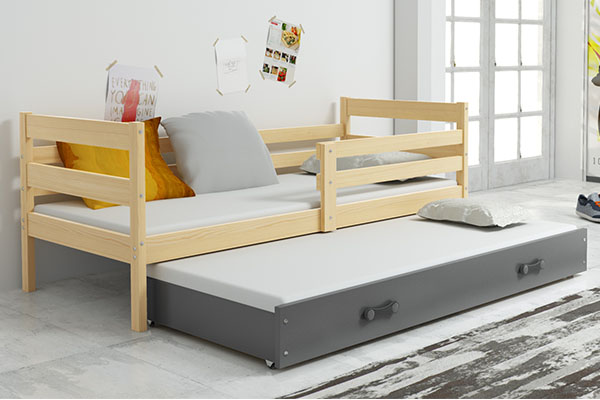 Ausziehbett für Jugendliche Erik, 90x200, mit Matratze und Schublade, Kiefer/grau