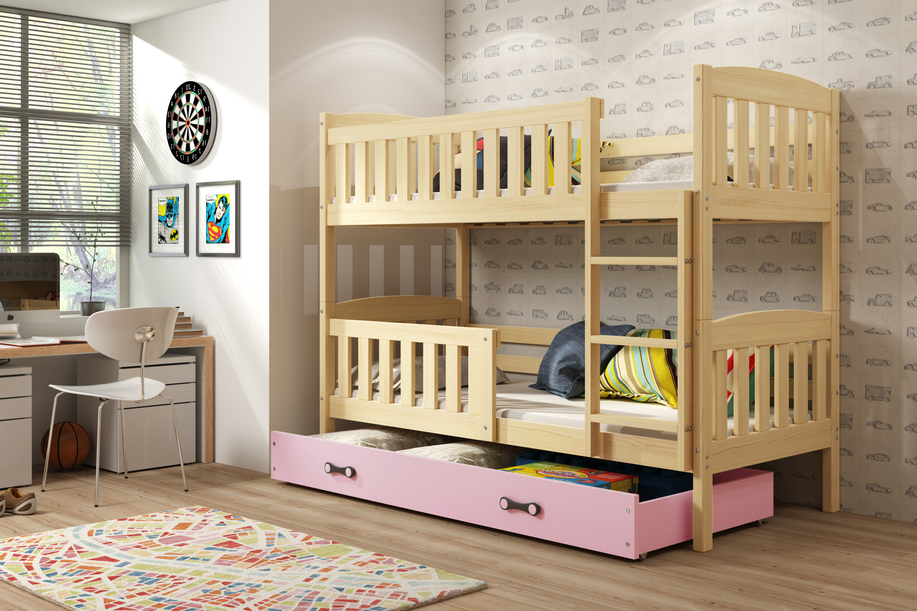 Etagenbett für drei Personen Jakob, 90x200, mit Schublade, Kiefer/rosa