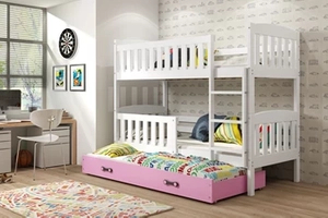Etagenbett für drei Personen Jakob, 90x200, mit Matratze und Schublade, weiß/rosa