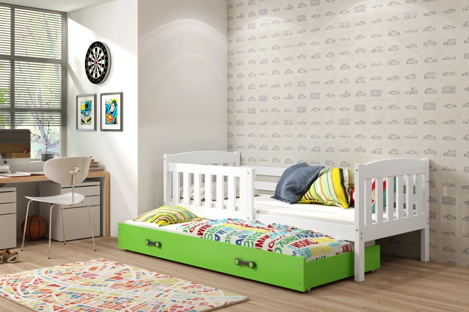 Ausziehbett für Jugendliche Jakob, 80x190, mit Matratze und Schublade, weiß/grün