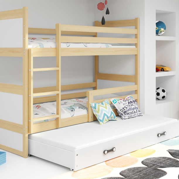 Etagenbett für drei Personen Richard, 90x200, mit Matratze und Schublade, Kiefer/weiß