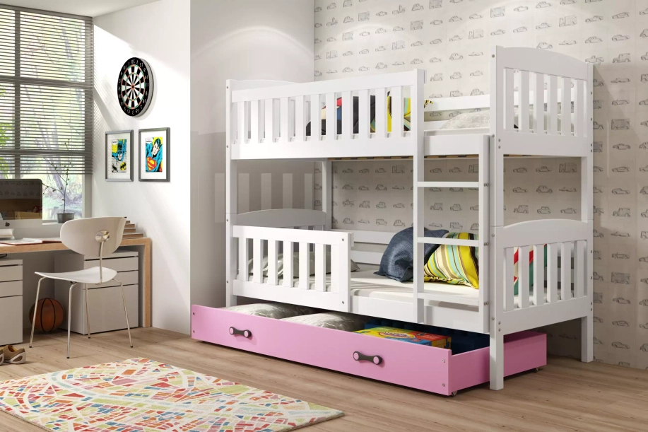 Stockbett für Jugendliche Jakob, 90x200, mit Matratze und Schublade, weiß/rosa