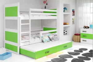 Etagenbett für drei Personen Richard, 90x190, mit Matratze und Schublade, weiß/grün