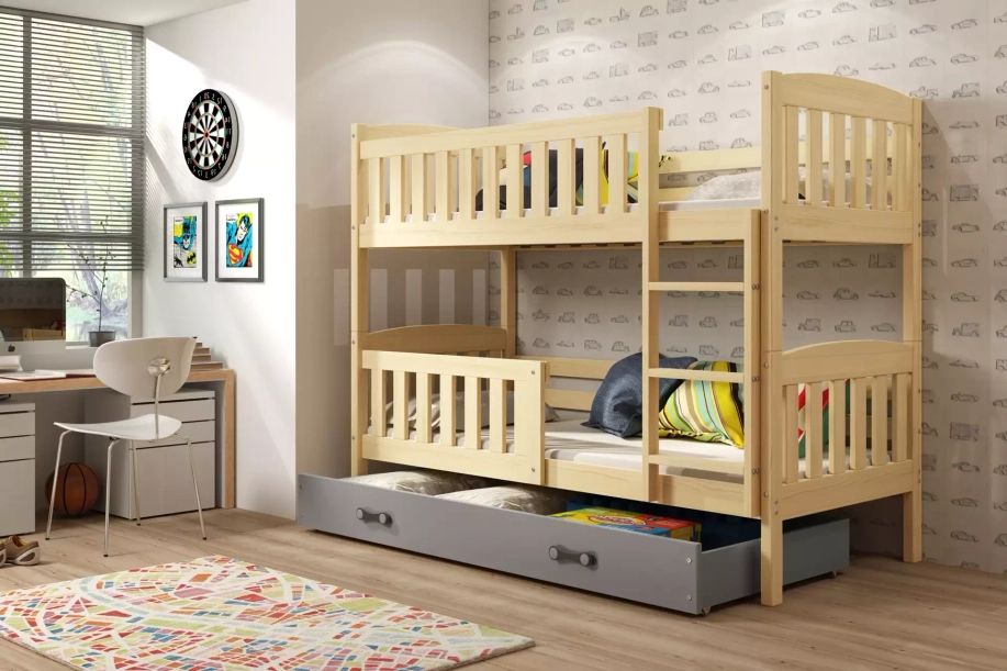 Stockbett für Jugendliche Jakob, 90x190, mit Schublade, Kiefer/grau