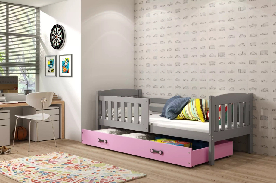 Kinderbett Jakob, 80x160, mit Matratze und Schublade, grau/rosa