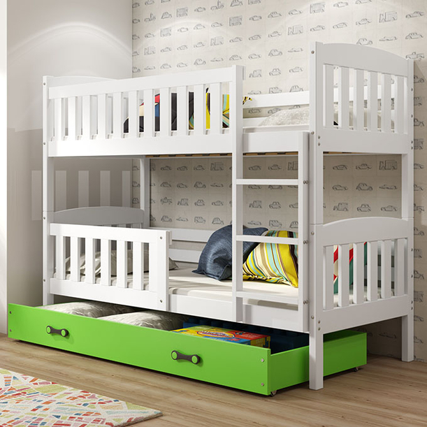 Stockbett für Jugendliche Jakob, 90x190, mit Matratze und Schublade, weiß/grün