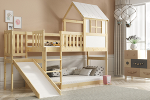 Hochbett mit Rutsche – Haus aus Naturholz 90x200