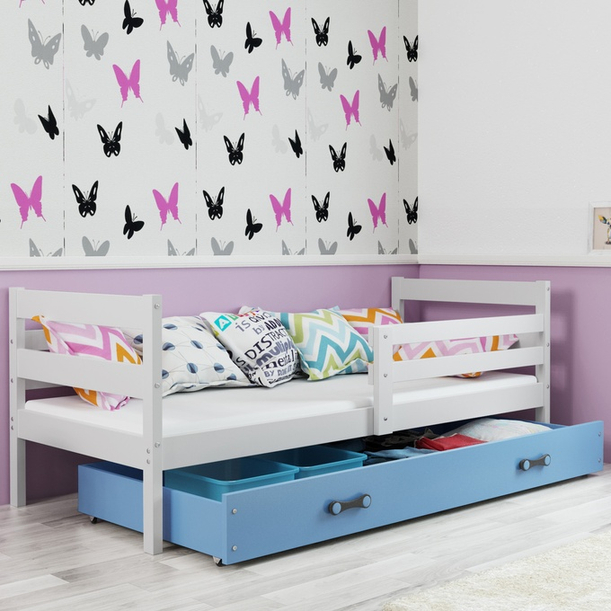 Jugendbett Erik, 90x190, mit Matratze und Schublade, weiß/blau