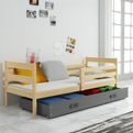 Jugendbett Erik, 90x190, mit Matratze und Schublade, Kiefer/grau