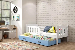 Ausziehbett für Jugendliche Jakob, 90x200, mit Matratze und Schublade, weiß/blau