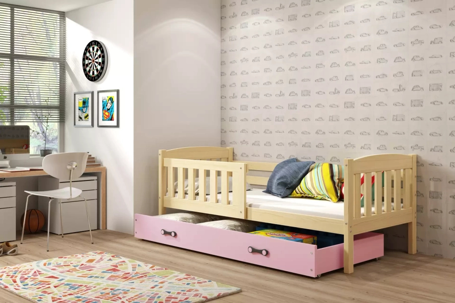 Jugendbett Jakob, 90x190, mit Schublade, Kiefer/rosa