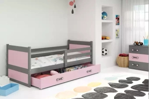 Jugendbett Richard, 90x190, mit Matratze und Schublade, grau/rosa