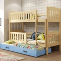 Etagenbett für drei Personen Jakob, 90x190, mit Schublade, Kiefer/blau
