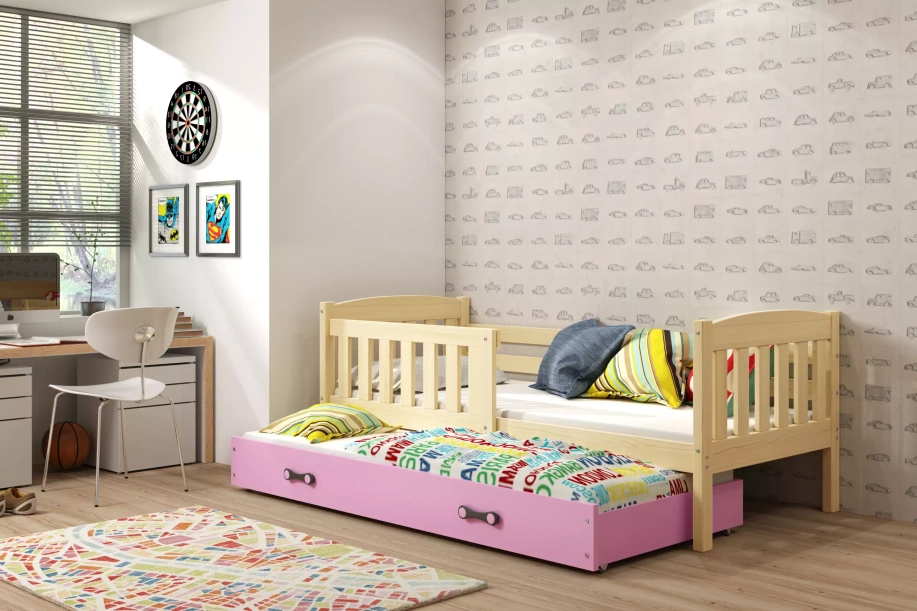 Ausziehbett für Jugendliche Jakob, 90x200, mit Schublade, Kiefer/rosa
