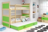 Etagenbett für drei Personen Richard, 90x200, mit Schublade, Kiefer/grün